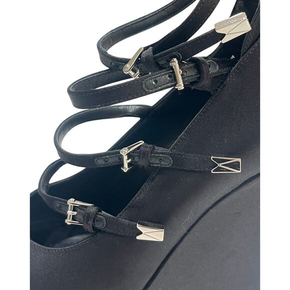 S6 VERSACE 4-Strap Heels Pump Tempest Wedge Satin Black IT37/US6.5 - Picture 6 of 9